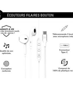 Alternative view of Force Play USB C Earbud Earphones Reinforced design White - Lifetime Warranty